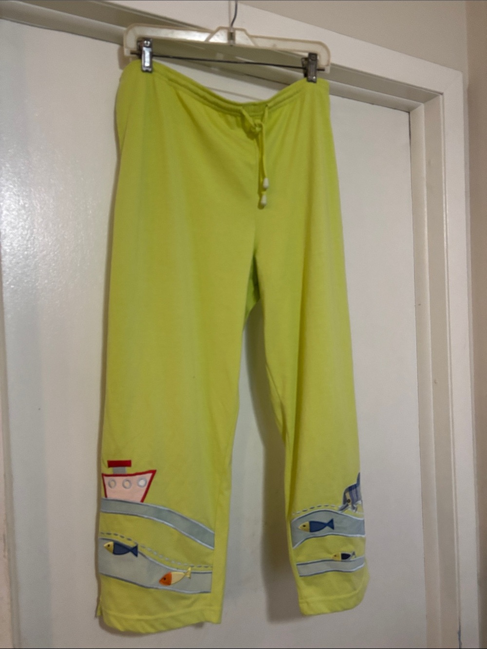 Women’s Lime Green Casual Beach Pants with Ocean Appliqué